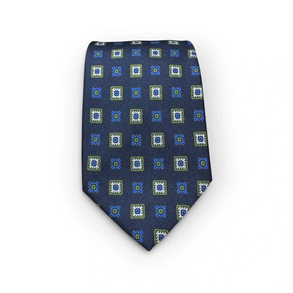 Valentino Mens Silk Tie Navy Blue Geometric Medallion Made in Italy 3.5 Inch